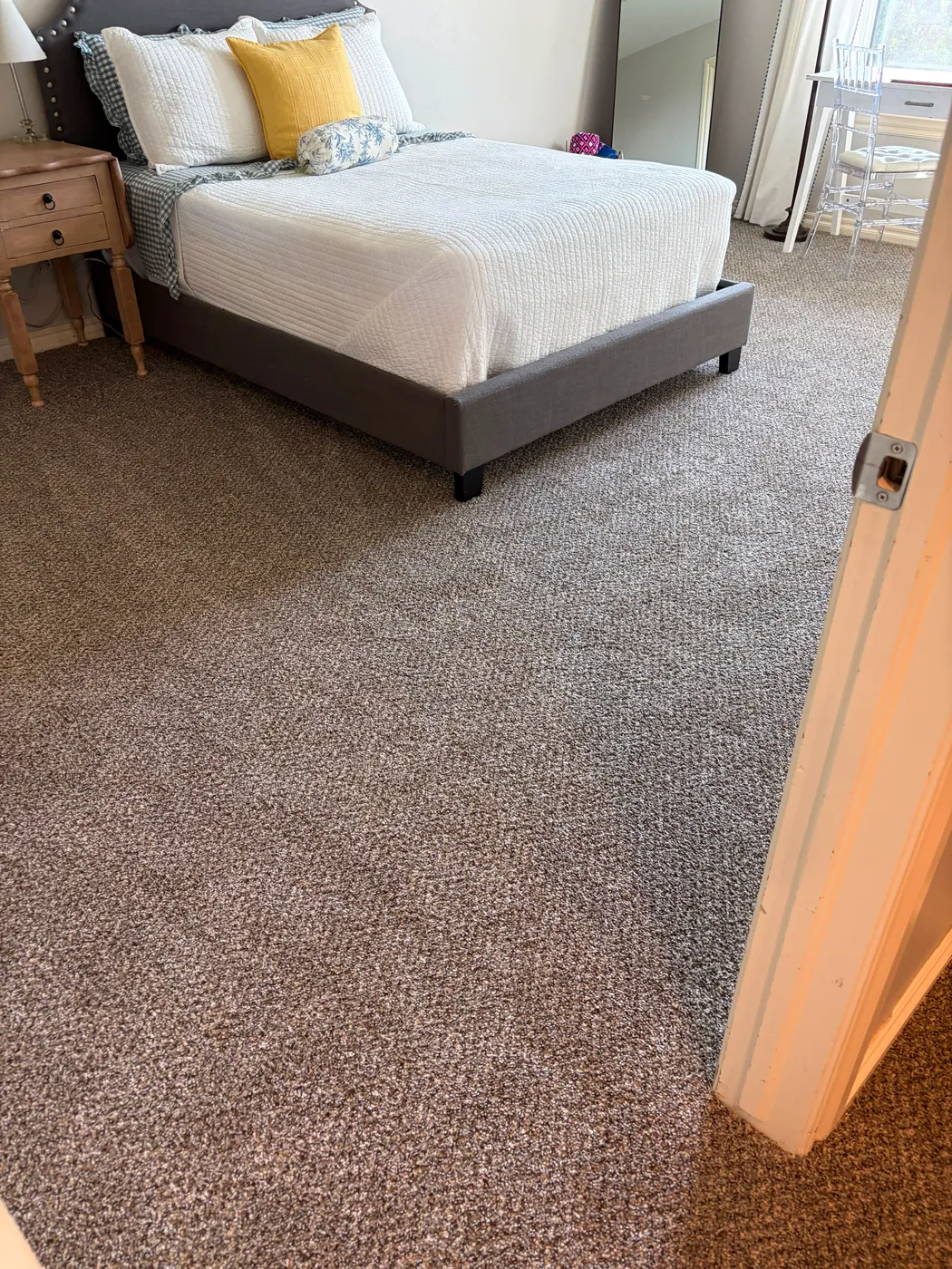 Freshly installed plush carpet in an Oklahoma City bedroom