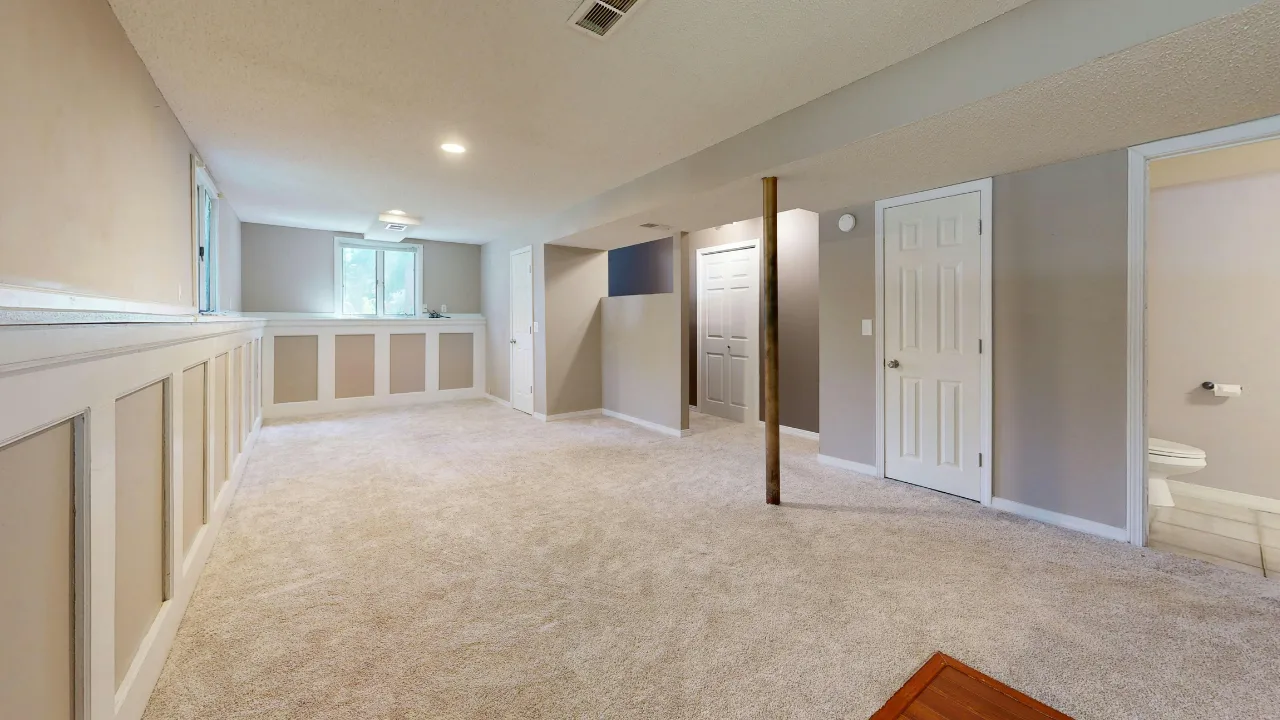 Carpeted basement family room install in Oklahoma City