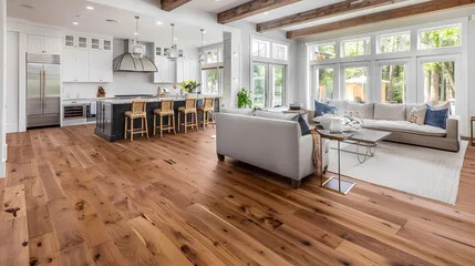 Wide-plank life-proof wood flooring in a modern Oklahoma City living room